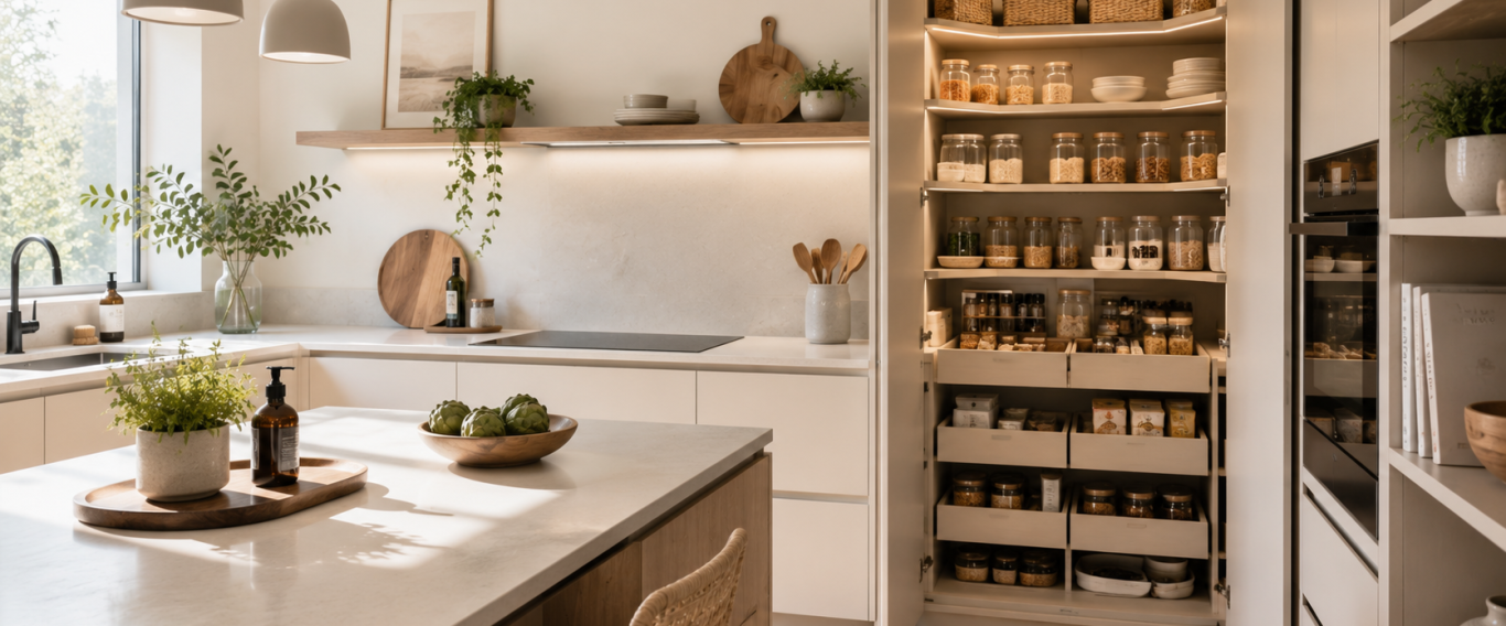 Organisation des espaces pour particuliers – Poppy Reset Home Cuisine et espace de rangement organisés dans un intérieur lumineux