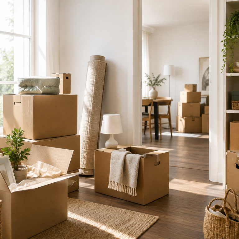 Déménagement et emménagement – Poppy Reset Home Cartons de déménagement dans un intérieur en cours d’installation