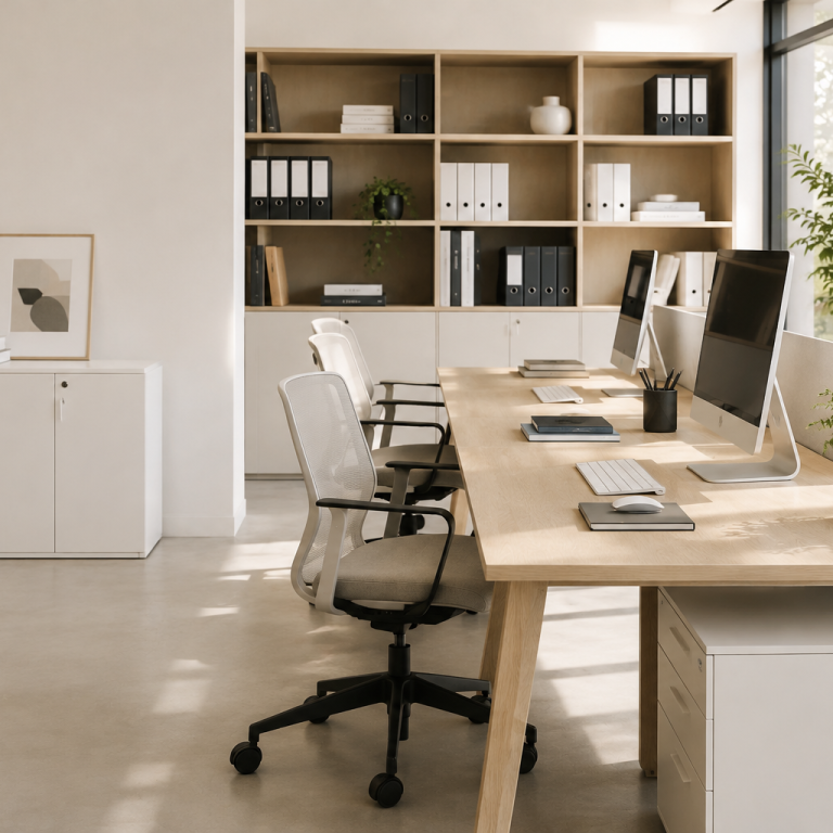 Espace de bureaux organisé avec postes de travail et rangements