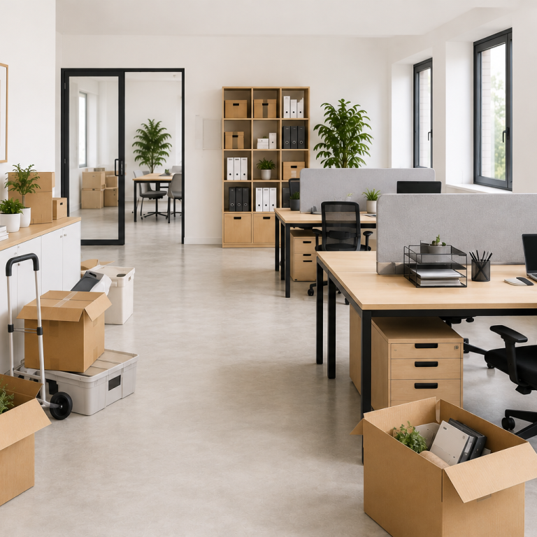 Bureaux professionnels en cours de réorganisation avec cartons et matériel à installer