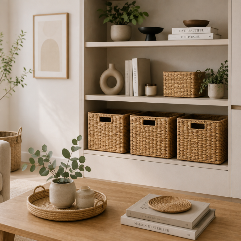 Organisation des espaces – Poppy Reset Home Espace de rangement organisé avec paniers et objets soigneusement disposés