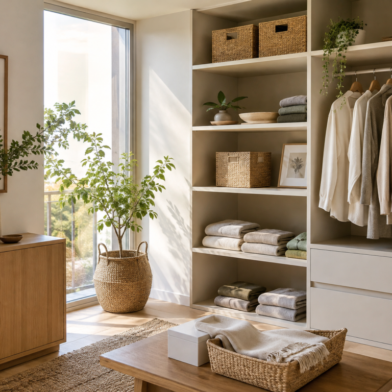 Organisation des espaces – Poppy Reset Home Dressing organisé avec vêtements, linge et boîtes de rangement