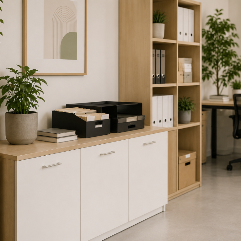 Espace professionnel organisé avec fournitures et rangements structurés
