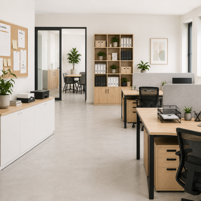 Bureaux professionnels organisés avec postes de travail et espaces de rangement