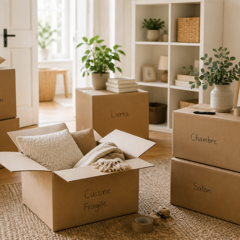 Déménagement et emménagement – Poppy Reset Home Cartons de déménagement dans un intérieur en cours d’installation