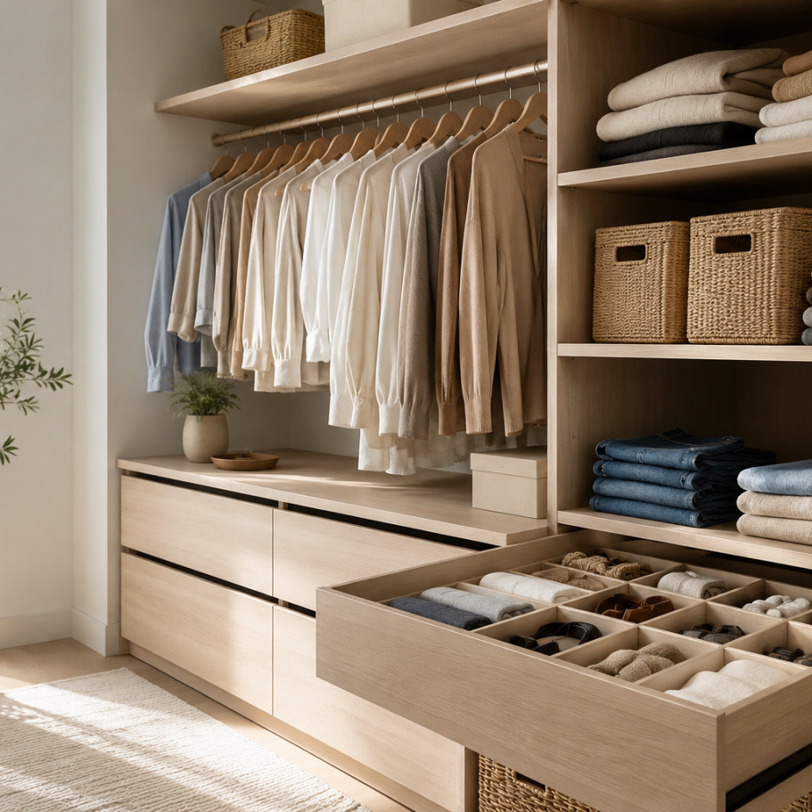 Dressing organisé avec vêtements et accessoires soigneusement rangés